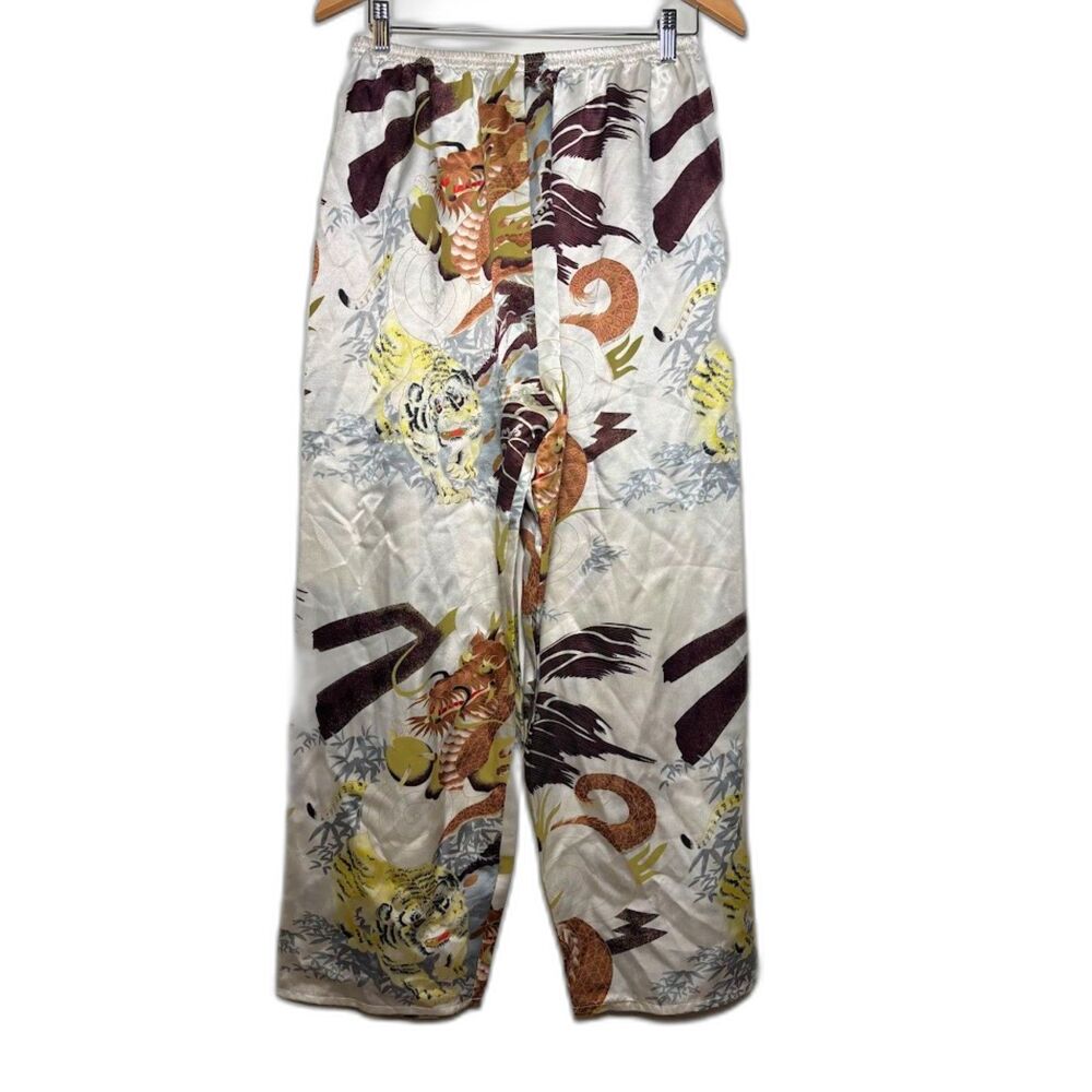 Max Nugus Pants Women's Size 26 Cream Asian Inspired Tiger Dragon Wide Leg Satin